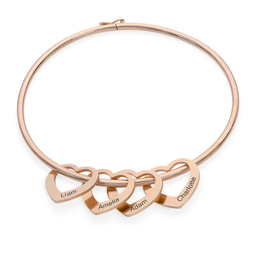 Bangle Bracelet with Heart Shape Pendants in Rose Gold Plating