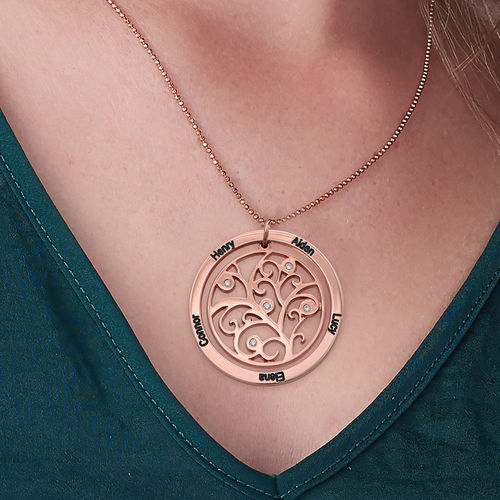 Family Tree Birthstone Necklace Rose Gold Plated with Diamonds