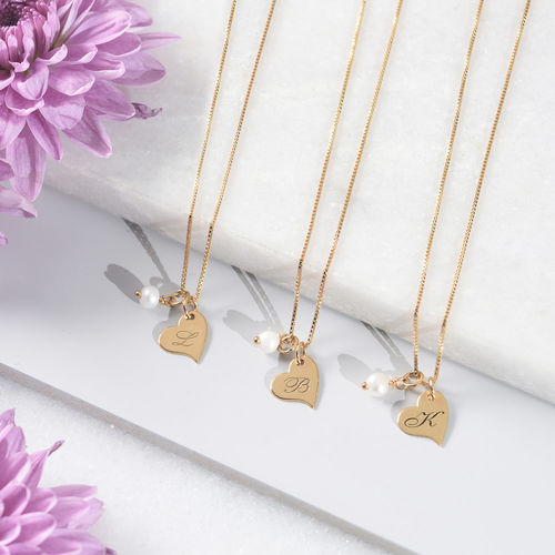 Heart Initial Necklace with Pearl in Gold Plating