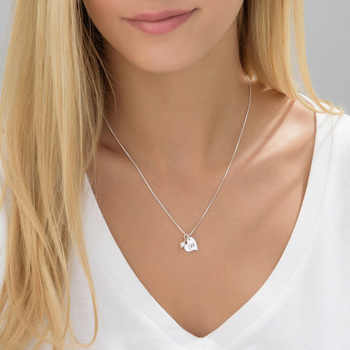 Heart Initial Necklace with Pearl in Silver