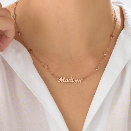 Name Necklace with Multi Colored Stones in Rose Gold Plating