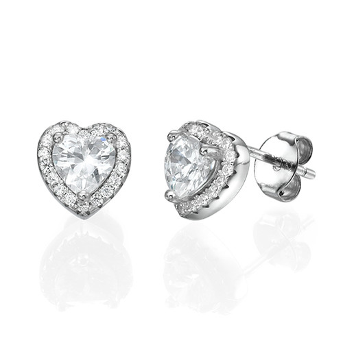 White Cubic Zirconia Heart Stud Earrings